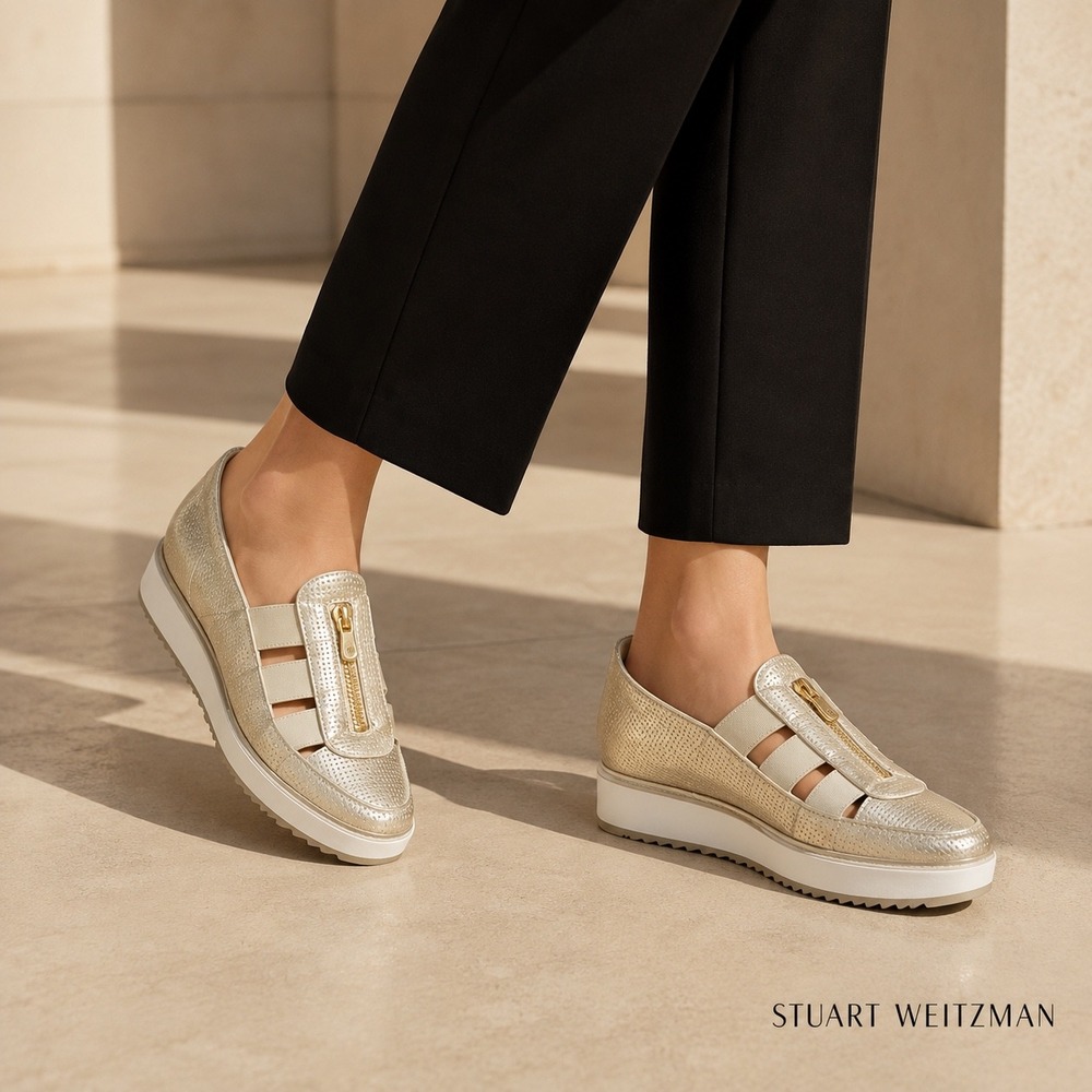 Stuart Weitzman Metallic Gold Perforated Caged Platform Zipper Sneakers